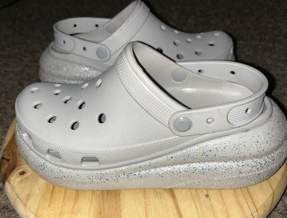 Crocs Classic Crush Glitter Clogs Atmosphere Gray Platform Shoes Womens 10